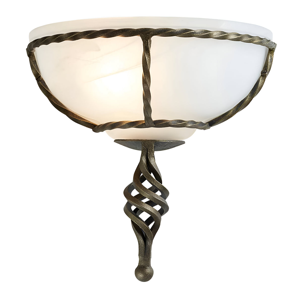 The Pembroke Wall Light - Black/Gold boasts a frosted glass shade and an intricately hand-forged iron design. Its metal frame and twisted accent offer quality fittings, complemented by a dark bronze finish that lends an elegant and classic appearance.