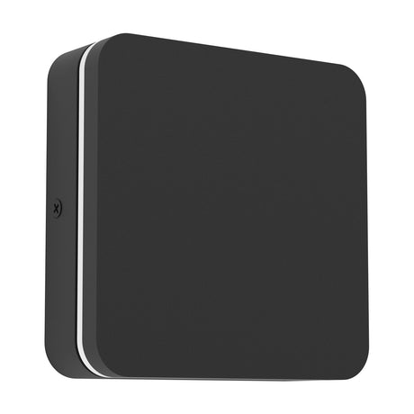Pedersano square LED outdoor wall light in textured black aluminium and plastic, with rounded corners and a thin white light band visible along the edge, shown on a plain white background.