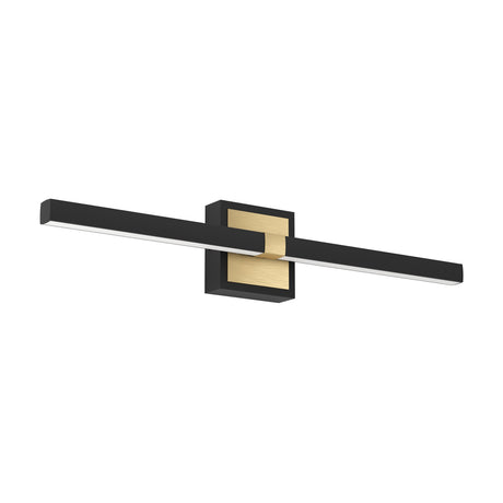 Peguera 60cm LED bathroom wall light with a slim black bar fixed through a black square backplate by a brushed brass clip, shown on a plain white background.