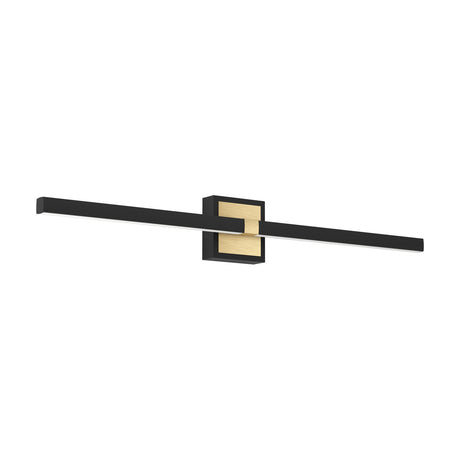 Peguera LED bathroom wall light, 80cm slim black bar with white diffuser crossing a black backplate and brushed brass panel, held by a central brass clip, on a plain white background.