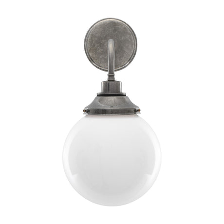 Pelagia Glass Globe Wall Light IP44 - 20cm, a single white glass globe on a slim antique silver finish brass arm from a round wall plate, shown on a plain white background.