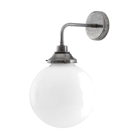 Pelagia Glass Globe Wall Light IP44 25cm, round white opal glass shade on an aged silver gallery fitter and bent arm with round wall plate, shown on a white background.