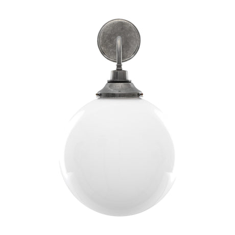 Pelagia Glass Globe Wall Light IP44, 30cm white glass globe on an angled aged-silver arm with round wall plate, shown on a plain white background.