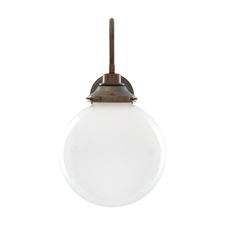 Pelagia Glass Swan Neck Globe Wall Light, IP44, 25cm white glass globe on an antique brass curved arm and round wall plate, shown on a plain white background.