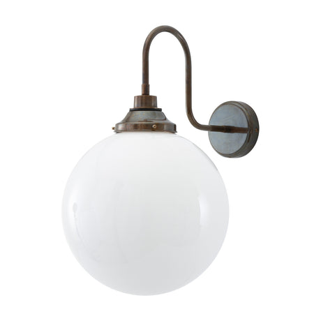 Pelagia Glass Swan Neck Globe Wall Light IP44 in antique brass, with a 30cm opal glass globe suspended from a curved arm on a round wall plate, shown on a plain white background.