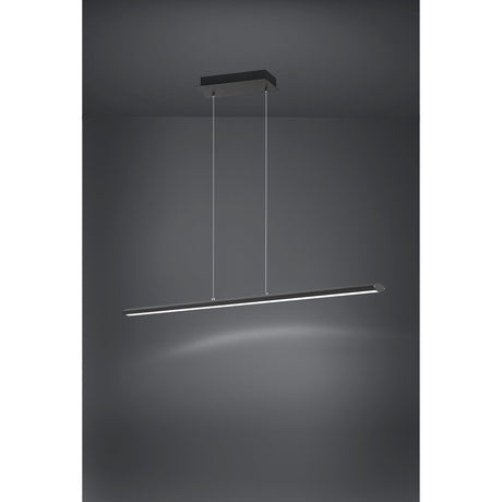 Pellaro Pendant Light in matt black, a slim LED bar suspended on fine wires from a rectangular ceiling canopy, shown lit against a dark grey background.