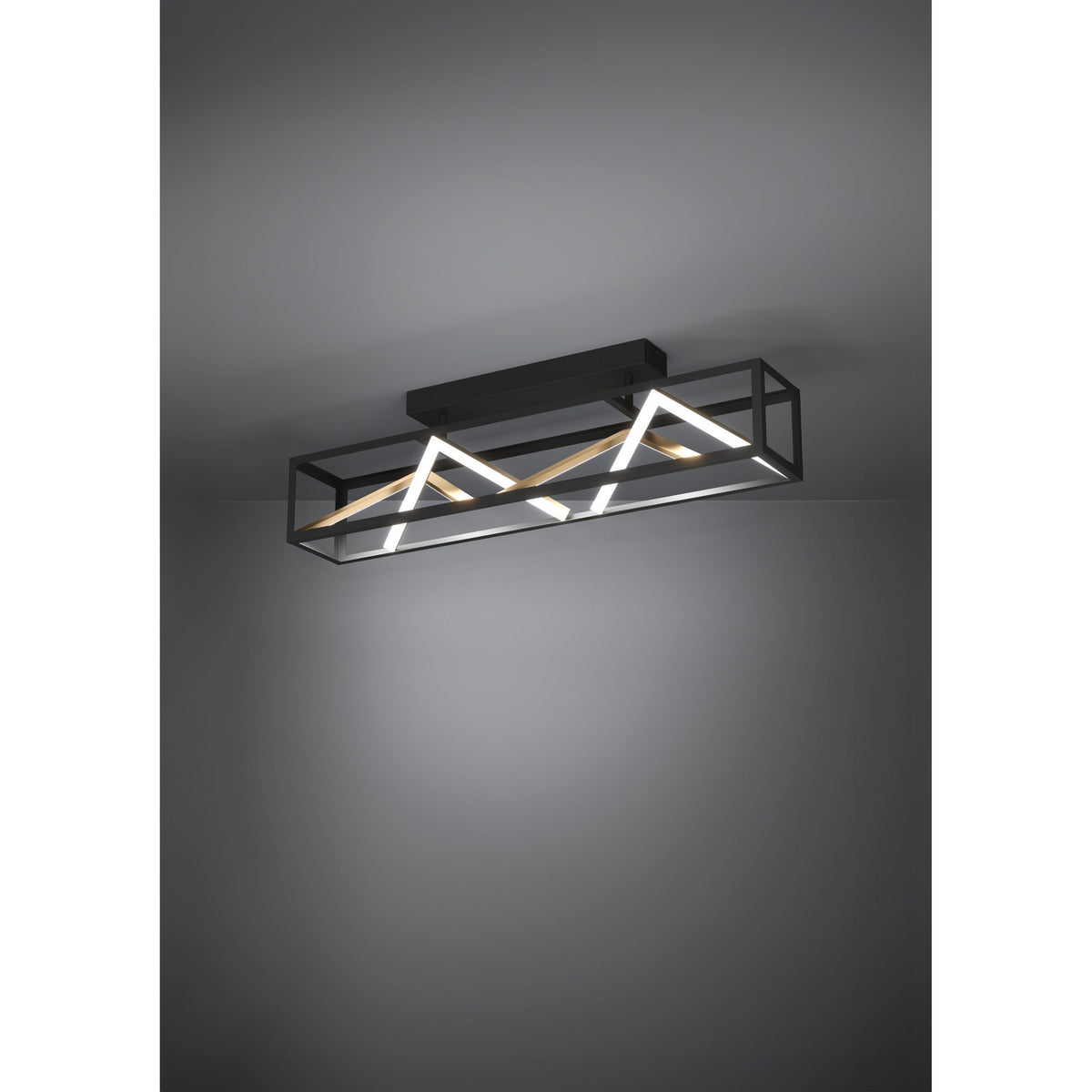 Penela LED ceiling light with a black rectangular open frame, zigzag white LED strips and gold bars inside, mounted on a ceiling against a grey background.