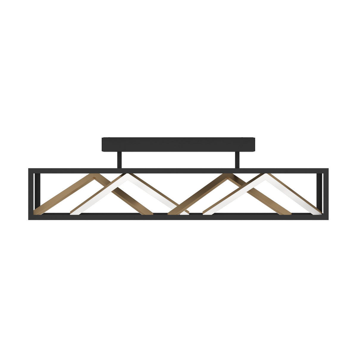Penela LED ceiling light with a long rectangular black frame, zigzag white LED strips and gold-coloured bars inside, shown on a plain white background.