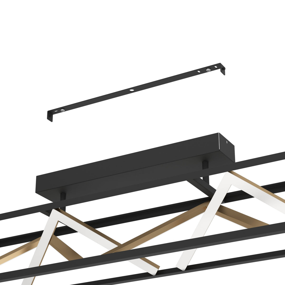 Penela LED Ceiling Light in black and gold showing the rectangular frame with zigzag white LED arms, plus a black mounting bracket and ceiling canopy, on a plain white background.