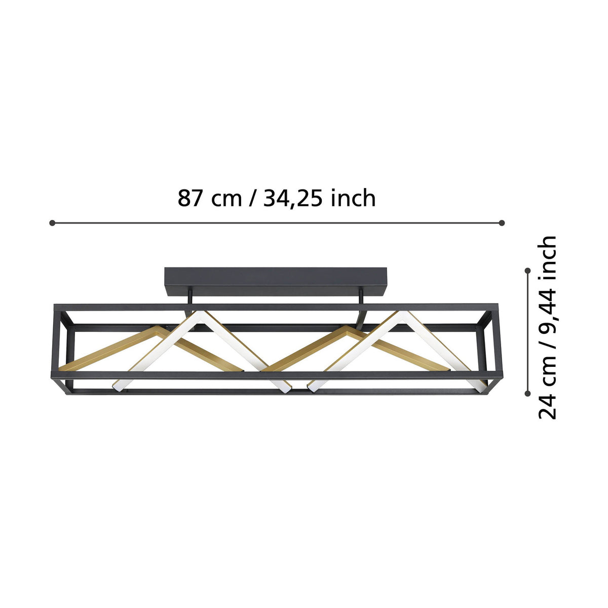 Penela LED ceiling light with a long black rectangular frame, zigzag white LED strips and gold bars, shown with dimensions 87cm long and 24cm high on a white background.