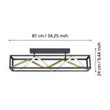 Penela LED ceiling light with a long black rectangular frame, zigzag white LED strips and gold bars, shown with dimensions 87cm long and 24cm high on a white background.