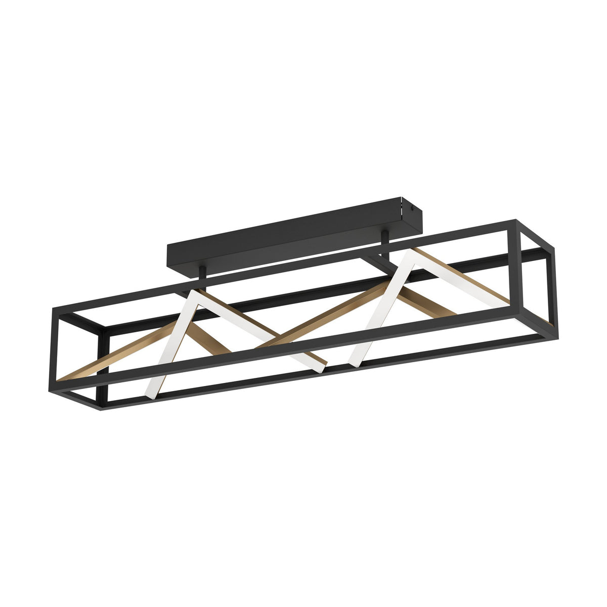 Penela LED Ceiling Light in black with an open rectangular frame, zigzag white LED strips and gold-coloured bars, shown on a plain white background.