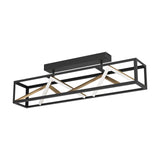 Penela LED Ceiling Light in black with an open rectangular frame, zigzag white LED strips and gold-coloured bars, shown on a plain white background.