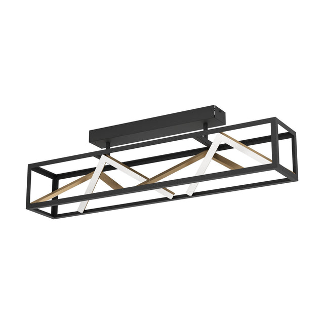 Penela LED Ceiling Light in black with an open rectangular frame, zigzag white LED strips and gold-coloured bars, shown on a plain white background.