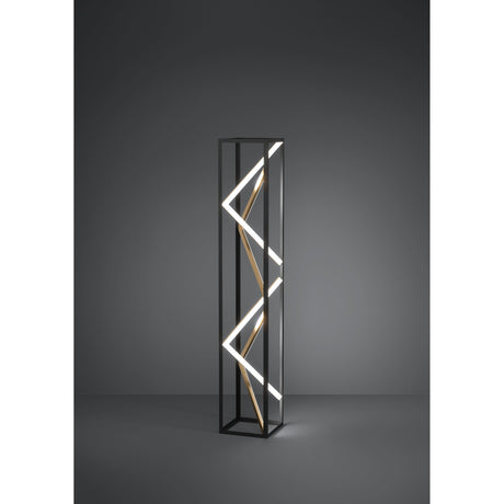 Penela LED Floor Lamp in black, a tall open square frame with zigzag light bars in white and gold, aluminium and steel body, shown against a dark background.