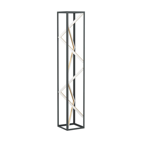 Penela LED floor lamp with a tall black square frame and a zigzag of white-faced, gold-backed light bars inside, shown on a plain white background.