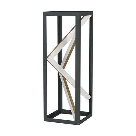 Penela LED table lamp with a tall open black rectangular frame, angled white light bars and a slim gold accent bar, aluminium and steel finish, shown on a plain white background.
