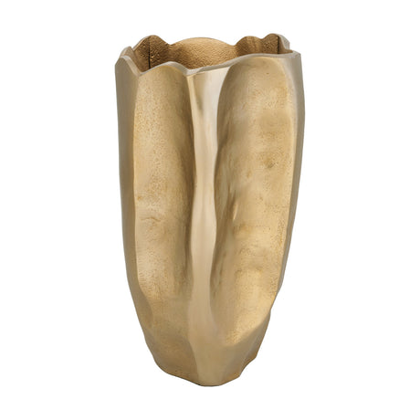 Perkuin Vase in gold aluminium, a tall sculptural vase with deep vertical folds, a wavy uneven rim, and a textured finish, shown on a plain white background.