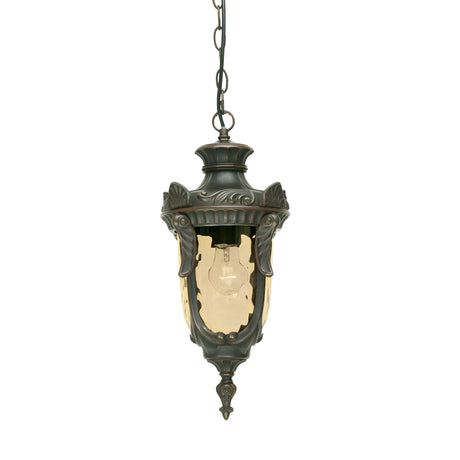 The Philadelphia 1 Light Outdoor Medium Chain Pendant in Old Bronze exudes period-style elegance with its vintage-inspired green finish and intricate design. It hangs gracefully from a chain, showcasing glass panels that reveal a visible light bulb inside, accentuated by decorative flourishes reminiscent of Old Bronze charm.