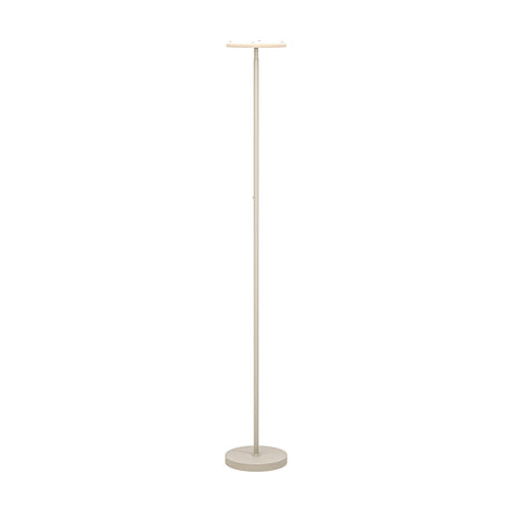 Piagnolo LED Floor Lamp in sand, with a slim steel and aluminium pole, round weighted base, and flat disc-shaped head, shown against a plain white background.