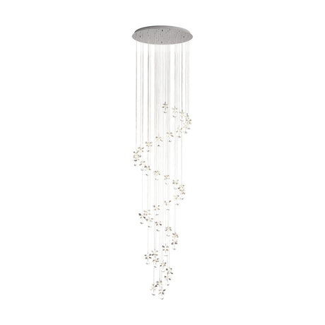 Pianopoli 1 pendant light with round chrome ceiling plate and cascading suspension wires holding clear glass flower-shaped drops, shown on a white background.