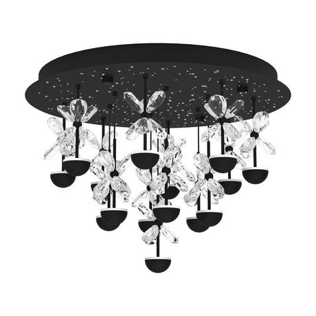 Pianopoli 2 15 Light Ceiling Light in black, featuring a round steel canopy with cascading clear crystal flowers on slim stems and integrated LED domes, shown on a plain white background.