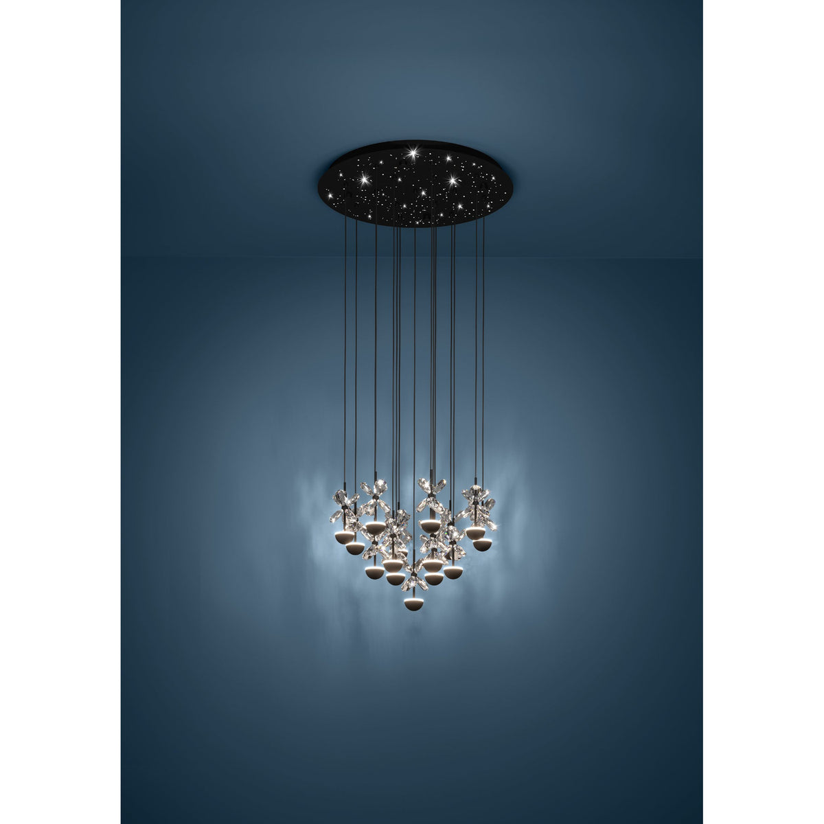 Pianopoli 2 cluster pendant light with black perforated round ceiling canopy and fifteen staggered drops of clear faceted glass petals over black LED domes, shown against a dark blue wall.