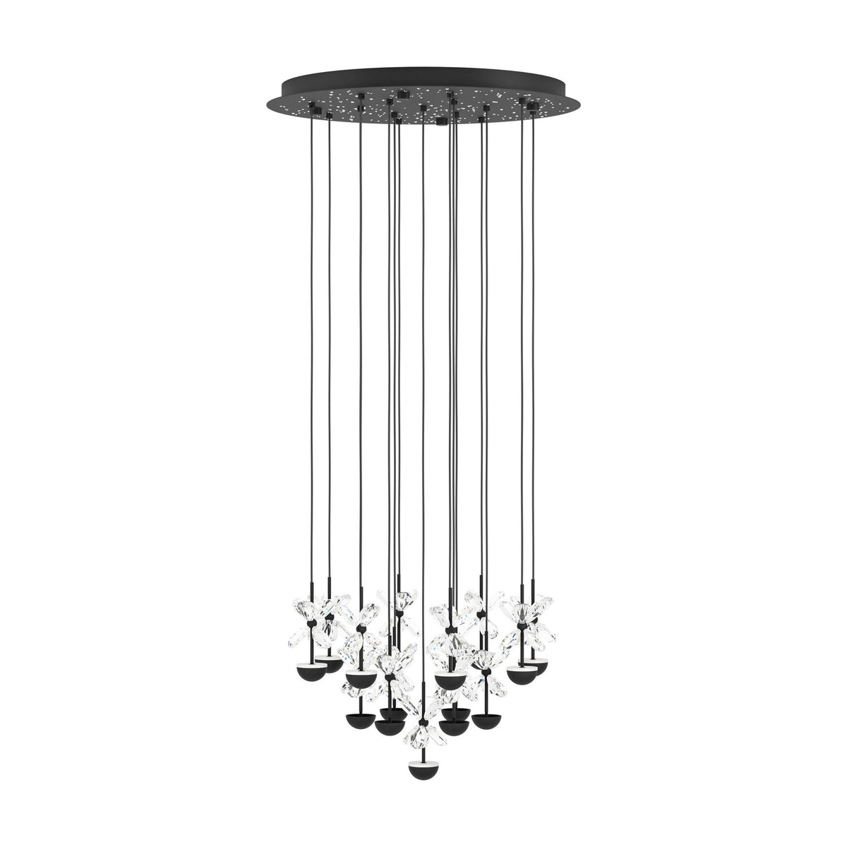 Pianopoli 2 cluster pendant light with fifteen staggered cords from a perforated round black steel canopy, each ending in clear faceted glass petals over a black LED dome, shown on a white background.