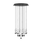 Pianopoli 2 cluster pendant light with fifteen staggered cords from a perforated round black steel canopy, each ending in clear faceted glass petals over a black LED dome, shown on a white background.