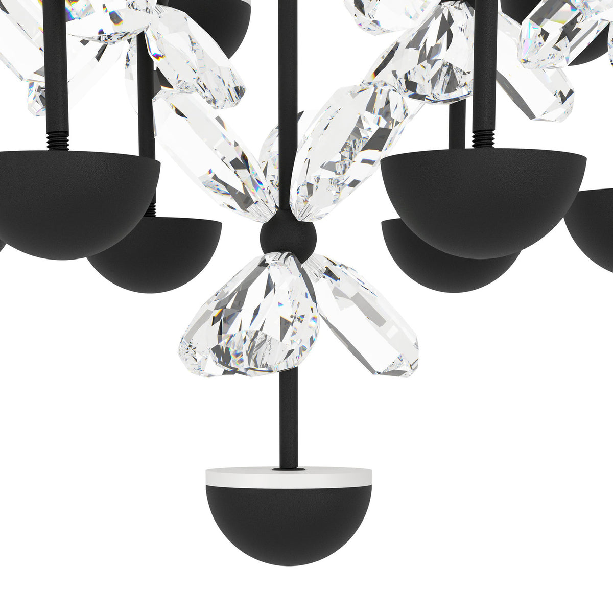 Close-up of the Pianopoli 2 pendant light showing clear faceted glass petal clusters above matte black dome fittings on black rods, set against a white background.