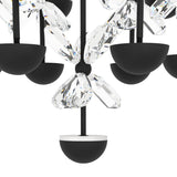 Close-up of the Pianopoli 2 pendant light showing clear faceted glass petal clusters above matte black dome fittings on black rods, set against a white background.