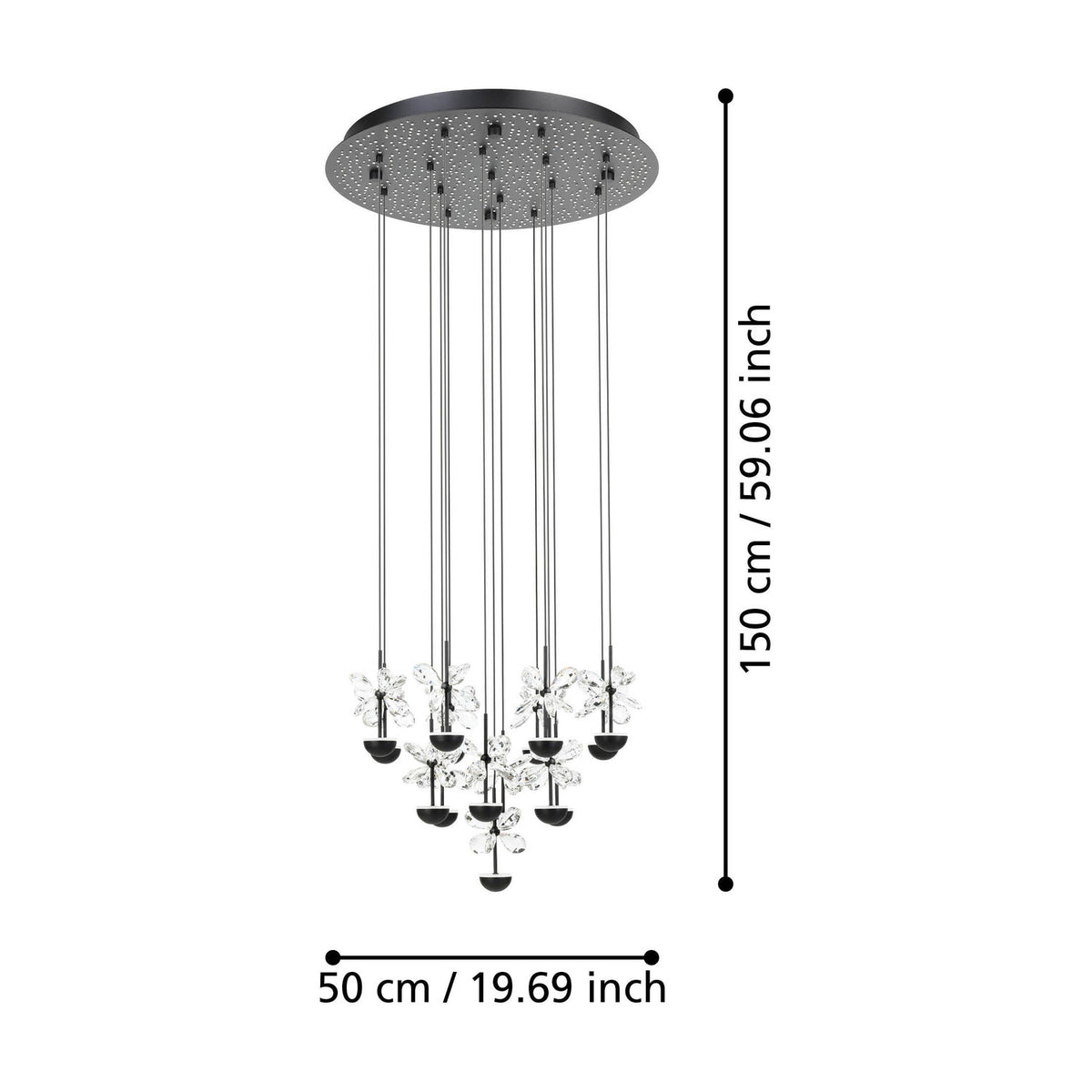 Pianopoli 2 cluster pendant with black perforated steel canopy and fifteen staggered clear faceted glass petal drops on black LED domes, shown with dimensions on white background.