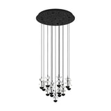 Pianopoli 2 cluster pendant light with 15 staggered drops of clear faceted glass petals on black domes, hanging from a perforated black steel ceiling canopy, shown on a white background.