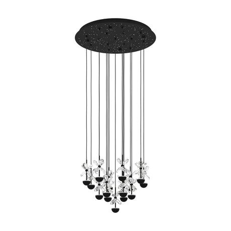 Pianopoli 2 cluster pendant light with 15 staggered drops of clear faceted glass petals on black domes, hanging from a perforated black steel ceiling canopy, shown on a white background.