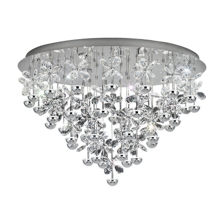 Pianopoli 43 Light Ceiling Light in chrome, a round flush fixture with cascading clear glass flowers and polished chrome drops tapering to a single point, shown on a plain white background.