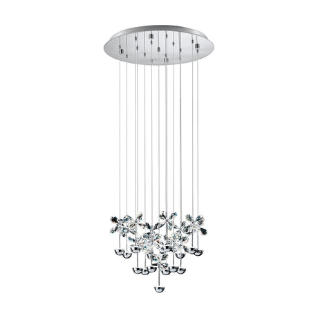 Pianopoli pendant light with round chrome ceiling plate, fifteen suspension wires, and clustered clear glass flower petals over chrome half domes, 50cm, shown on a white background.