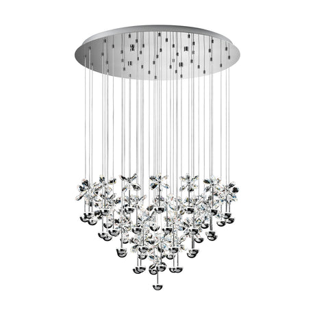Pianopoli clear glass pendant light in chrome, with cascading crystal-effect flowers and chrome ball drops suspended on fine wires from a round chrome canopy, shown on a white background.