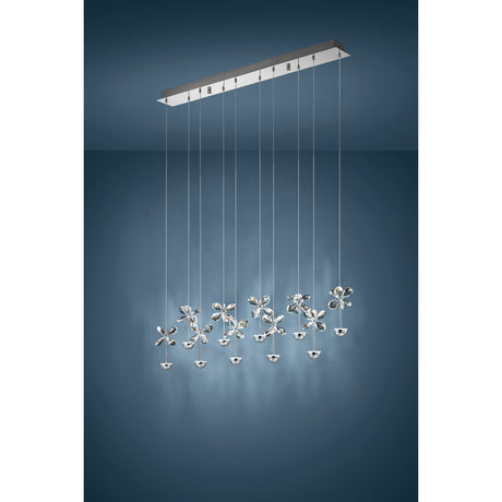 Pianopoli pendant light with a long chrome bar canopy suspending ten clear glass flower shades on slim rods above chrome domes, set against a dark blue background.