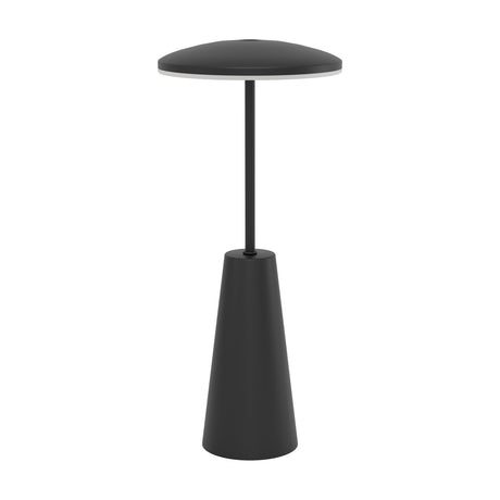 Piccola LED Touch Table Lamp in black, with a flat mushroom-shaped plastic shade on a slim steel stem above a tapering conical base, shown on a plain white background.