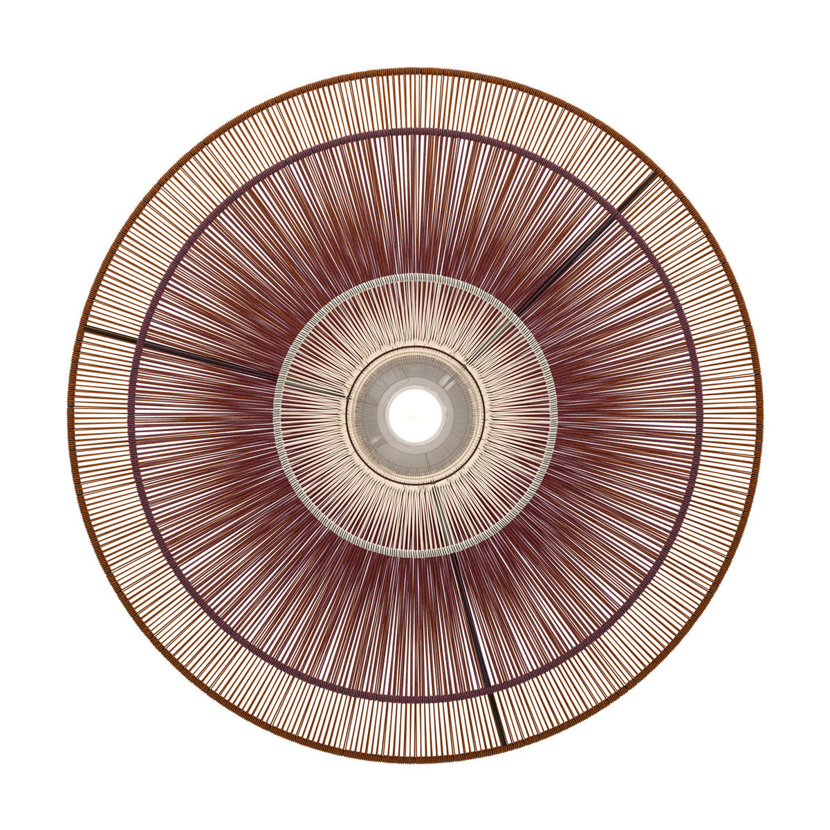 Pignona Ceiling Light in black, viewed from below showing tiered woven textile shades in orange, red, and cream around a central bulb, on a plain white background.