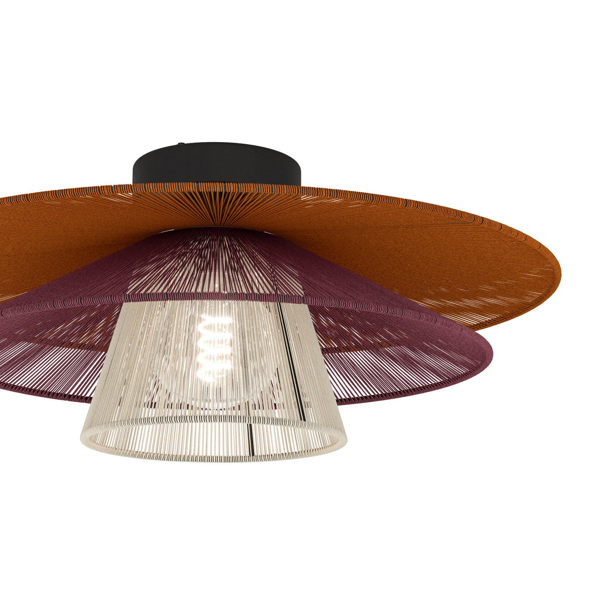 Pignona Ceiling Light in black with tiered woven textile shades in orange, red and cream, round black steel canopy, E27 bulb visible, on a white background.