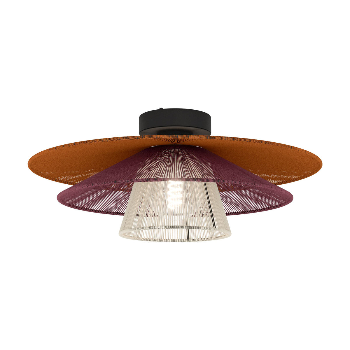 Pignona black flush ceiling light with tiered woven orange, red, and cream textile shades around a central bulb, shown on a white background.