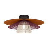 Pignona black flush ceiling light with tiered woven orange, red, and cream textile shades around a central bulb, shown on a white background.