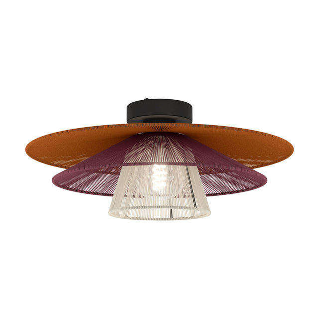 Pignona black flush ceiling light with tiered woven orange, red, and cream textile shades around a central bulb, shown on a white background.