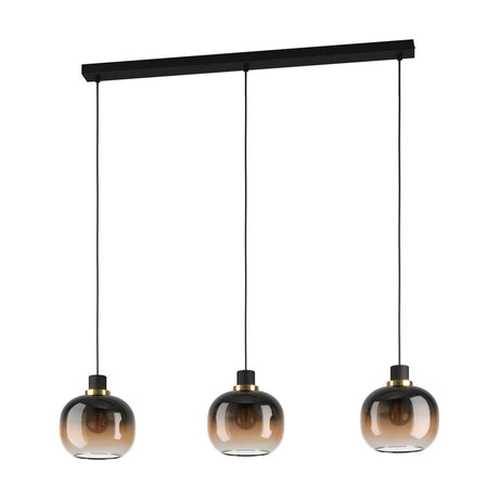 Pilmine 3-light linear pendant with black steel bar and three round glass shades grading smoky black to amber to clear, black and brass holders, on white background.