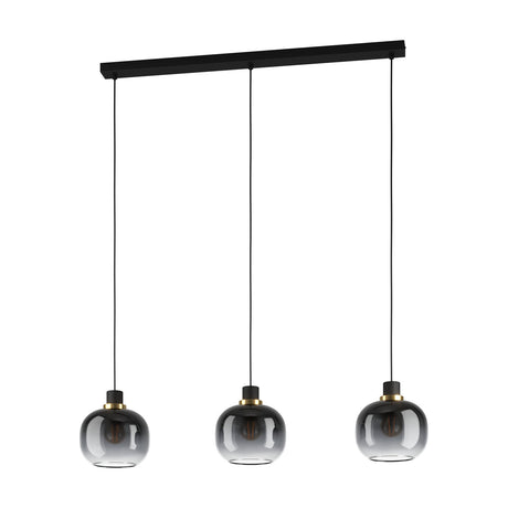 Pilmine 3-light linear pendant with black ceiling bar, black cable suspensions and brass rings holding smoked glass globe shades, shown on a white background.