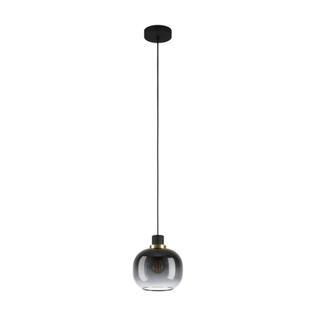 Pilmine pendant light with black ceiling canopy, slim cord, smoked glass globe shade fading from black to clear, and black and brass fitting, on a white background.