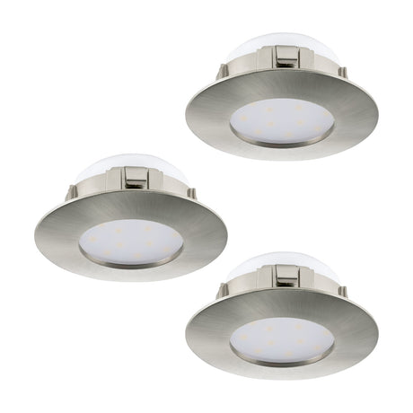 Set of three round fixed LED downlights in satin nickel finish, each with an integrated warm white LED panel, shown on a plain white background.