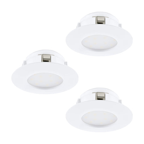 Set of three Pineda fixed LED downlights in white, round plastic discs with frosted diffusers and visible spring clips, shown on a plain white background.