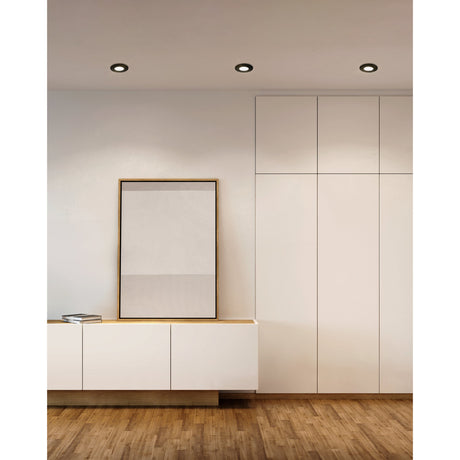 Three round Pineda LED downlights, 7.8cm, in black plastic trims with opal diffusers, recessed into a pale ceiling above a white wardrobe and sideboard.